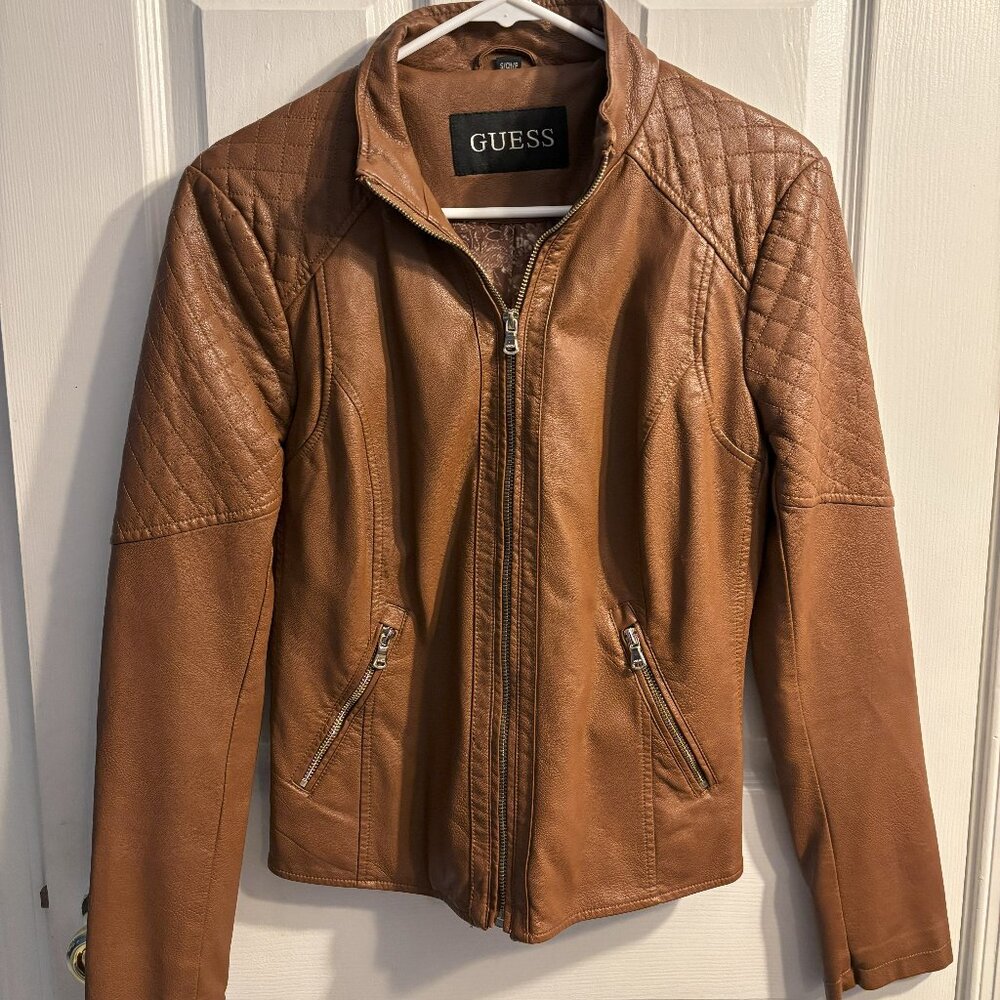 GUESS Women's Brown Quilted-Vegan Leather Moto Jacket